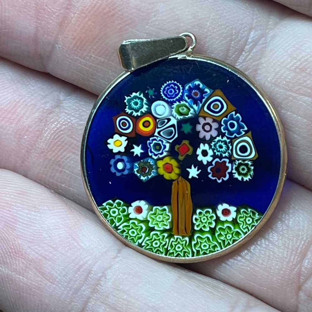 Vtg Millefiori Tree of Life Pendant 925 Sterling Silver Italy Blue Glass - Picture 6 of 6